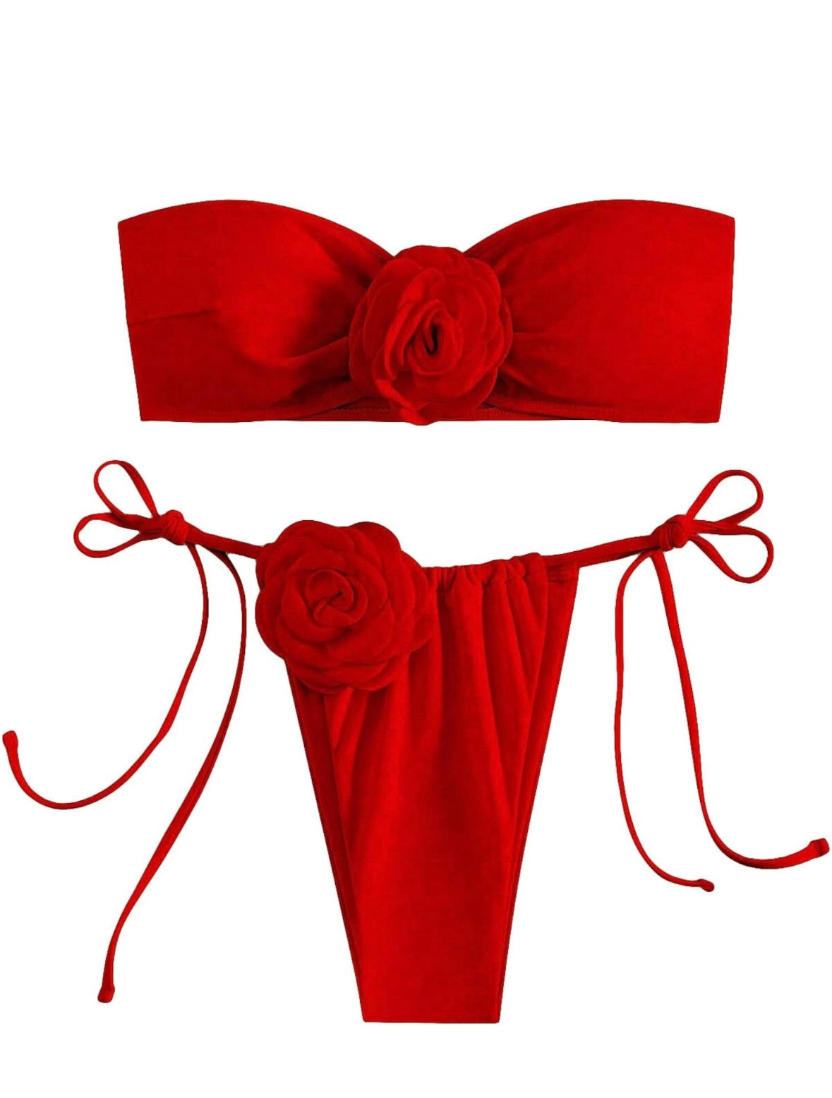 Women's 2 Piece Bandeau Swimsuit 3D Floral Tie Side High Cut Bikini Set Bathing Suit