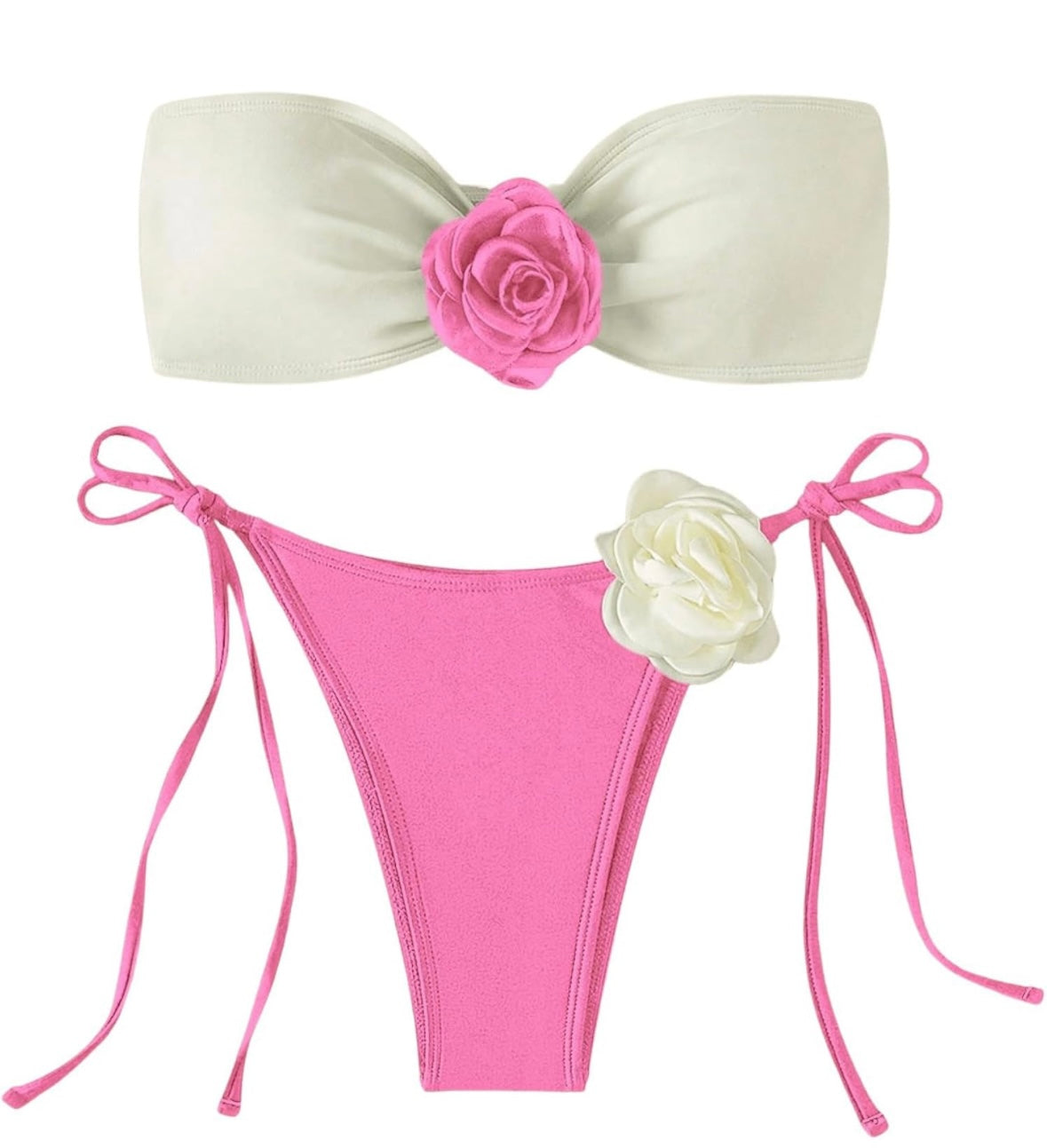 Women's 2 Piece Bandeau Swimsuit 3D Floral Tie Side High Cut Bikini Set Bathing Suit
