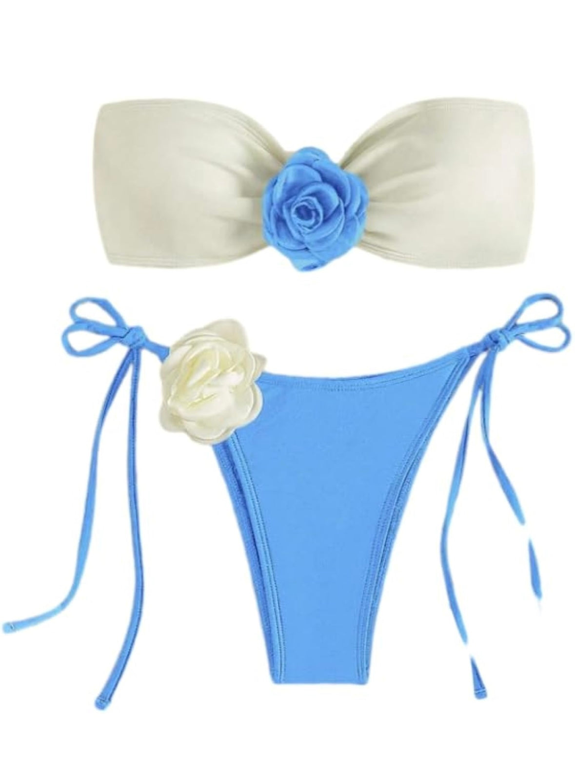 Women's 2 Piece Bandeau Swimsuit 3D Floral Tie Side High Cut Bikini Set Bathing Suit