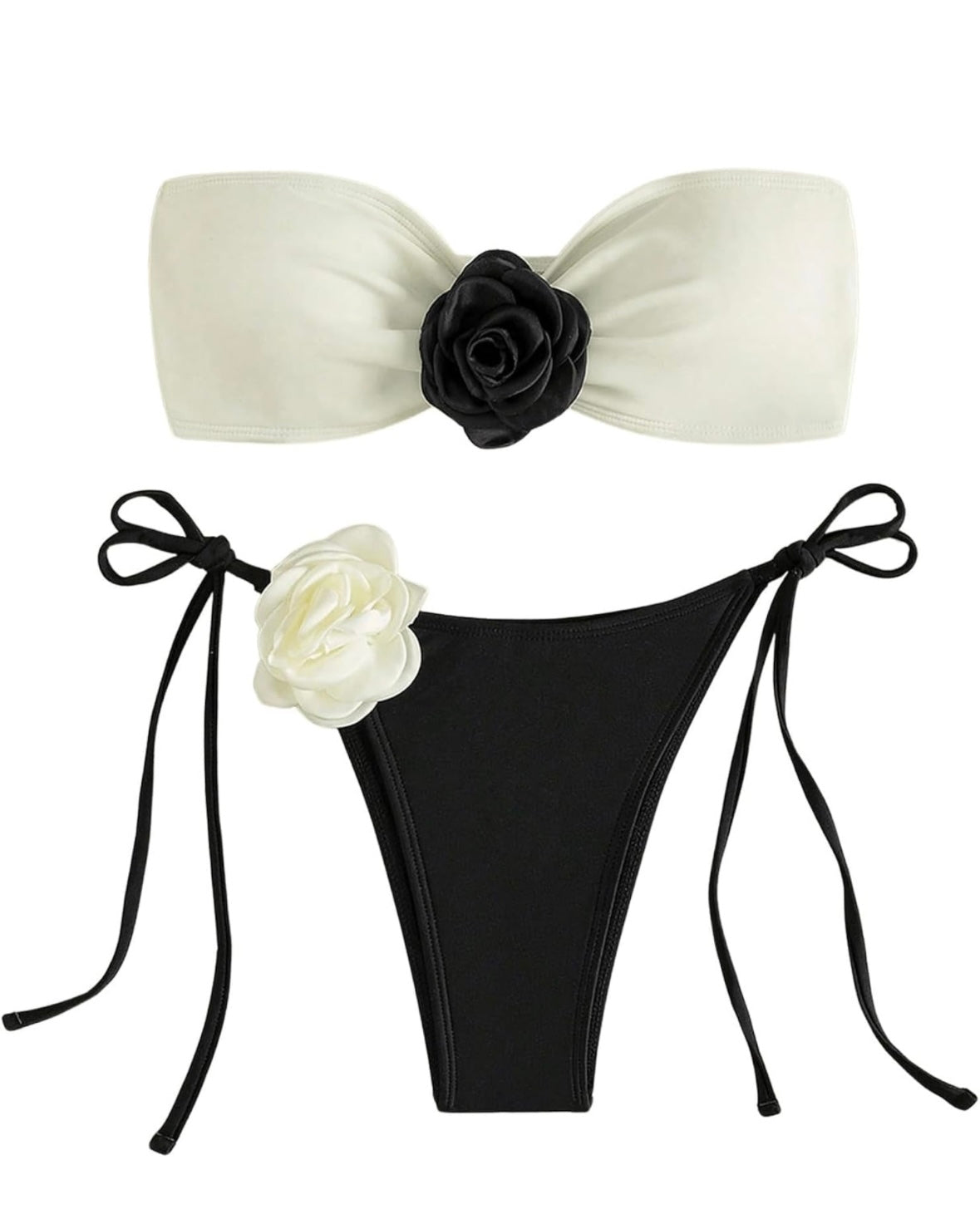 Women's 2 Piece Bandeau Swimsuit 3D Floral Tie Side High Cut Bikini Set Bathing Suit