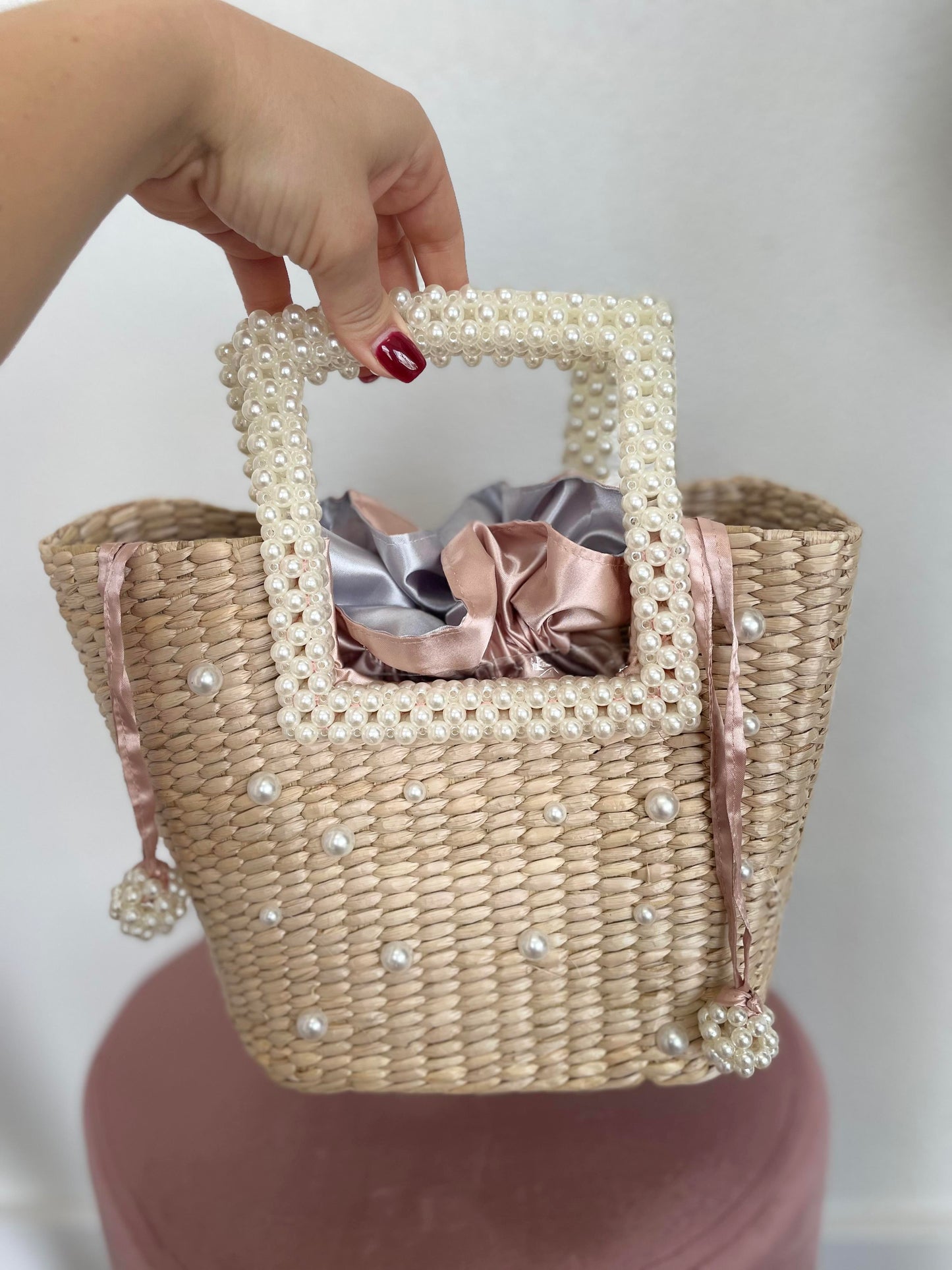 Pearl Handle Braided Bag Straw Women Bag Shoulder Diagonal Bag Women Summer Beach Bag