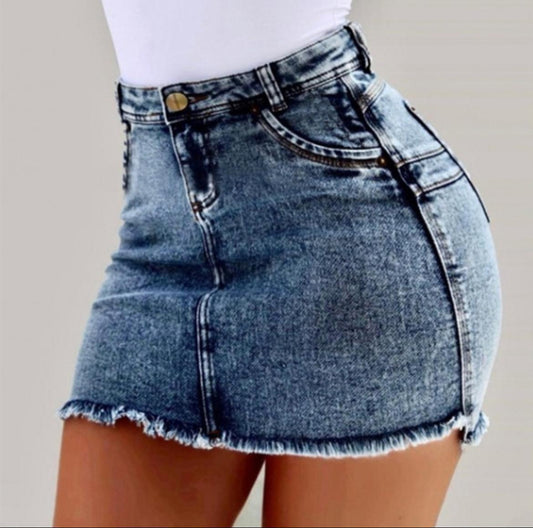 Women's Retro Distressed High Waist Packaged Hip Bodycon Denim Jean Mini Skirt