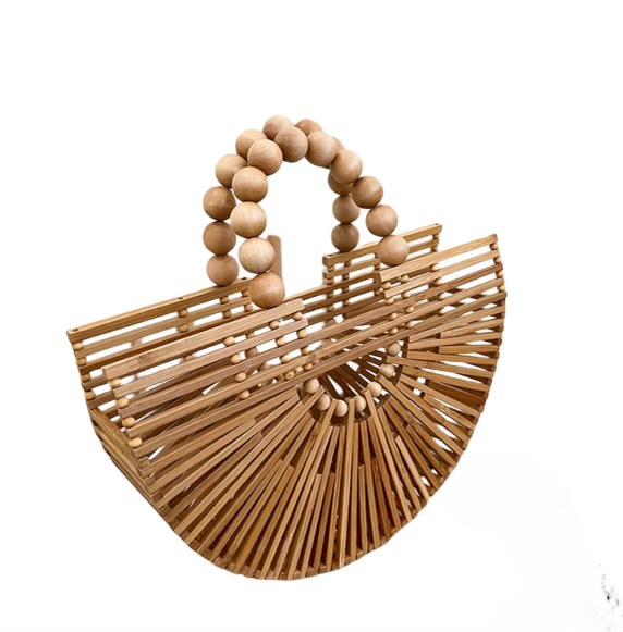 Women's Bamboo Bags with Wooden Beads, Pearl handles, Womens Bamboo Handmade Tote Bag, Holiday Summer Handbag