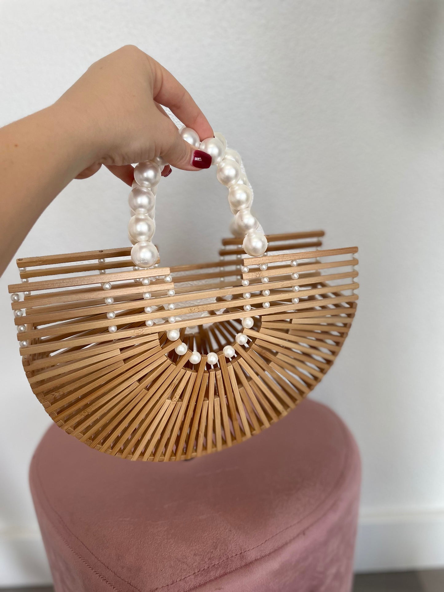 Women's Bamboo Bags with Wooden Beads, Pearl handles, Womens Bamboo Handmade Tote Bag, Holiday Summer Handbag