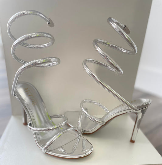 Women's Open Round Toe Leg Spiral Wrap Around Ankle Strap Stiletto Heel Sandal