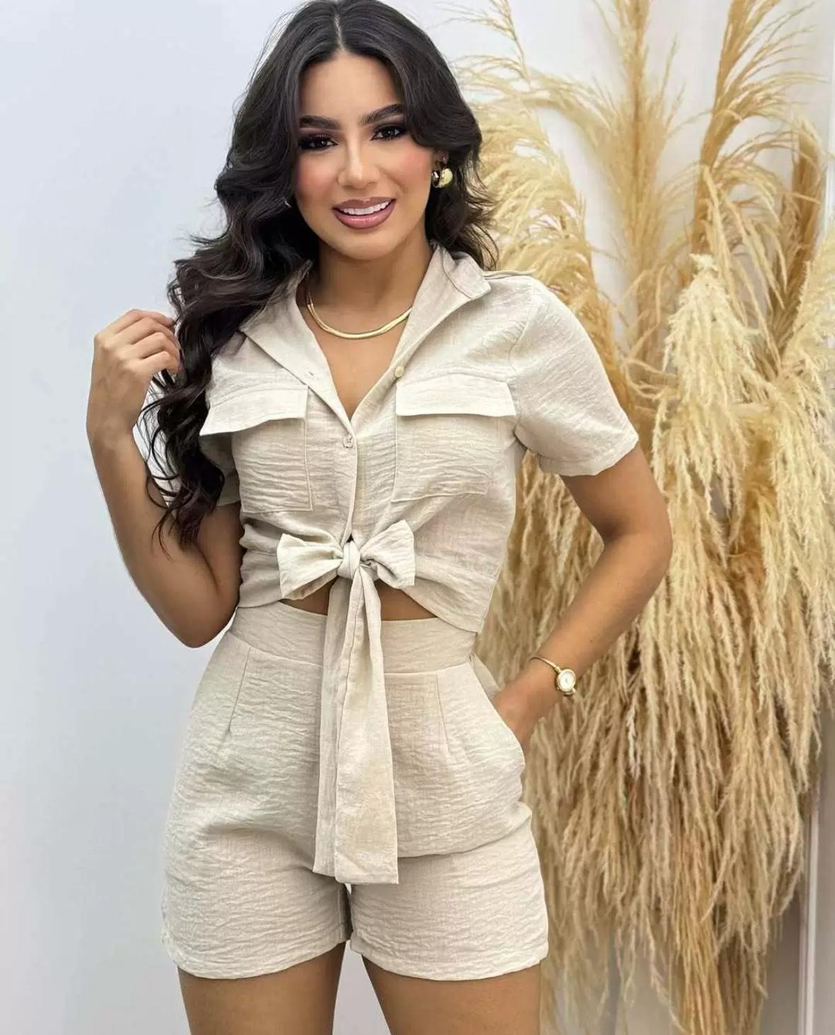 Textured Button-Up Tie Front Short Set