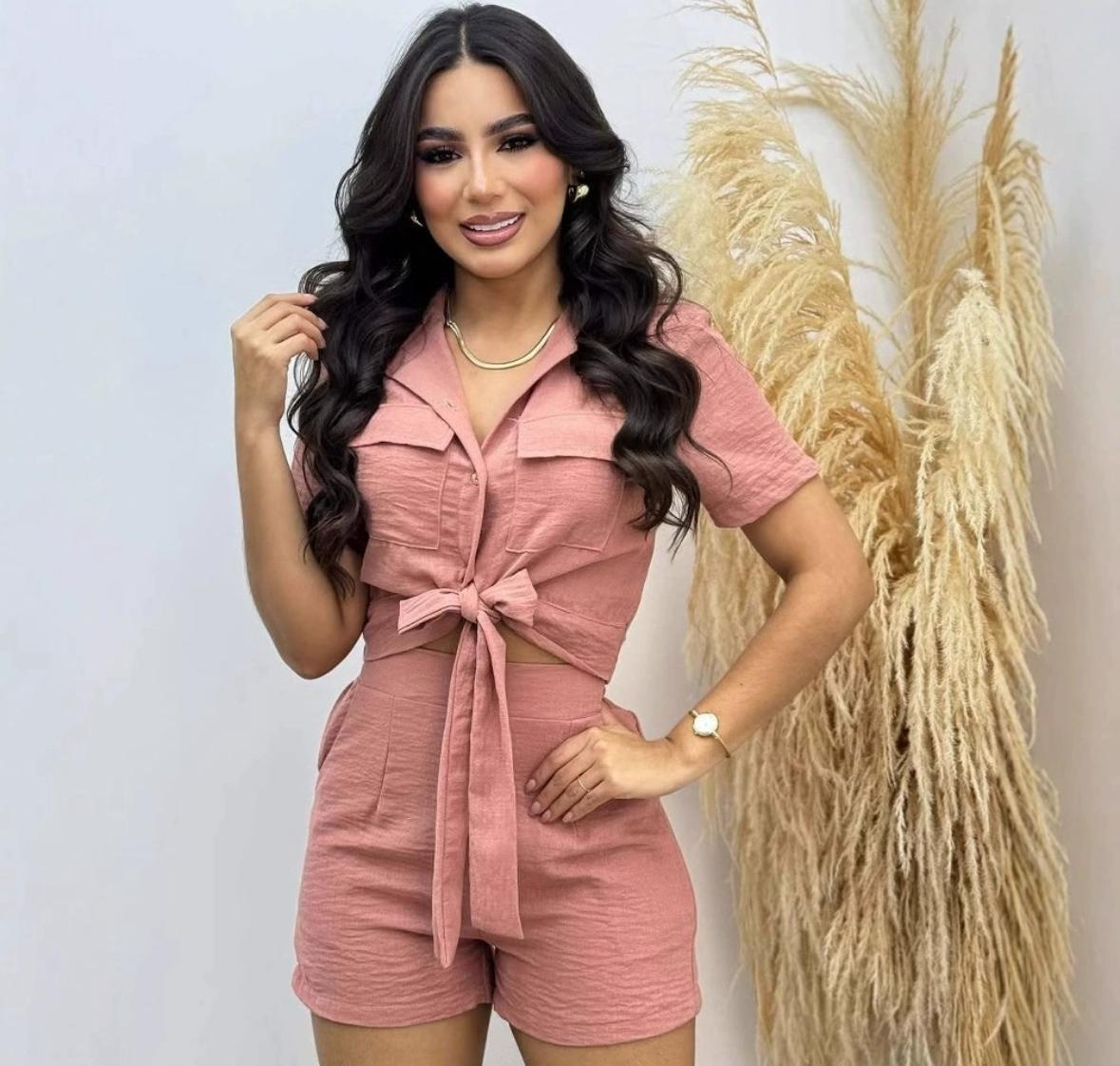 Textured Button-Up Tie Front Short Set