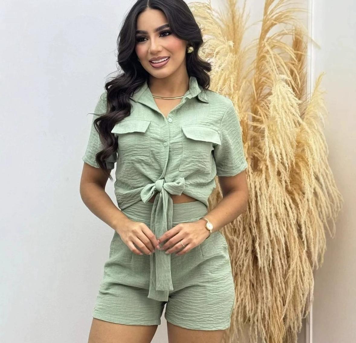 Textured Button-Up Tie Front Short Set