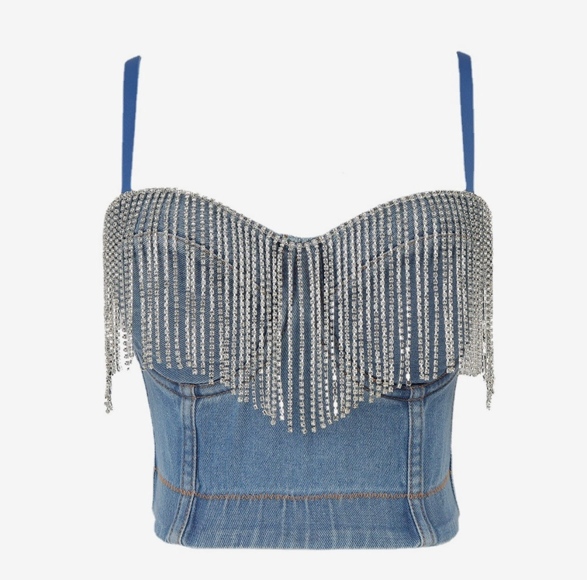 Rhinestone Fringe Denim Corset Top