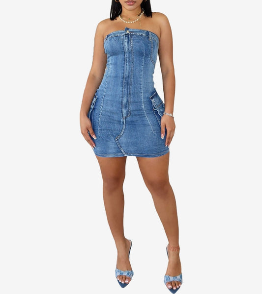 Women" Denim Dresses Sexy Strapless Stretchy Button Bodycon Tube Midi Jean Dresses With Pockets