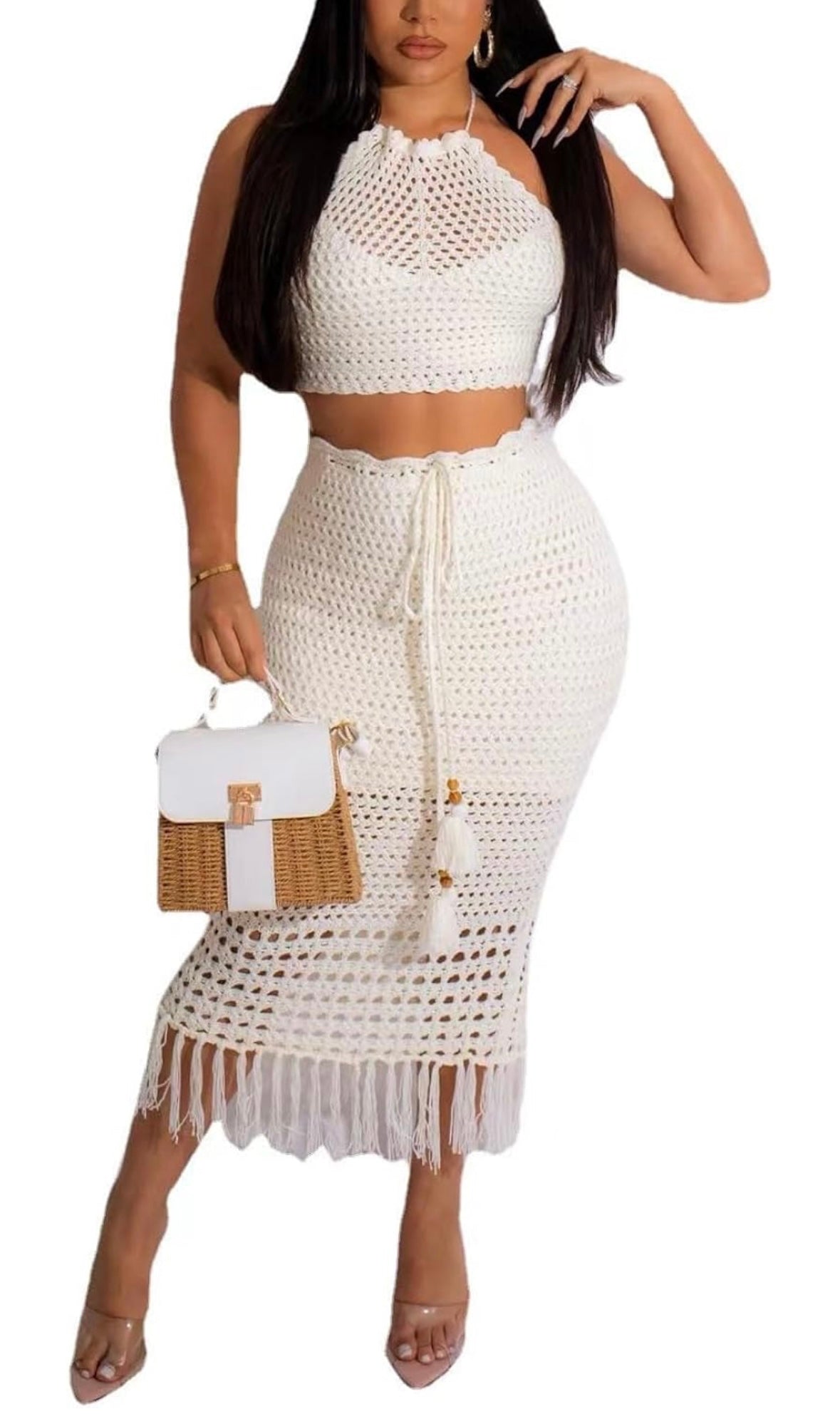 Women Beach Cover Summer 2 Piece Outfits Crochet Mesh Fishnet Bikini Top and Maxi Skirt Set