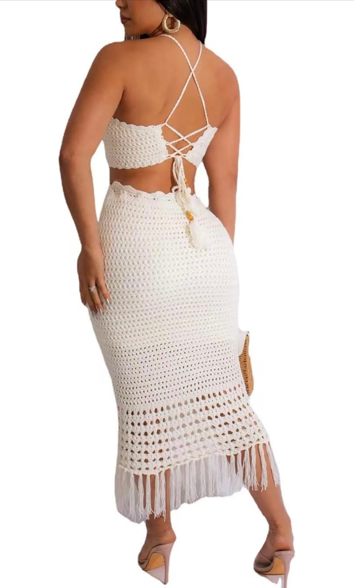 Women Beach Cover Summer 2 Piece Outfits Crochet Mesh Fishnet Bikini Top and Maxi Skirt Set