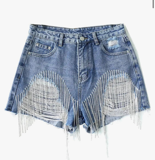 Women Summer Tassels Diamond Beads High Waist Denim Shorts