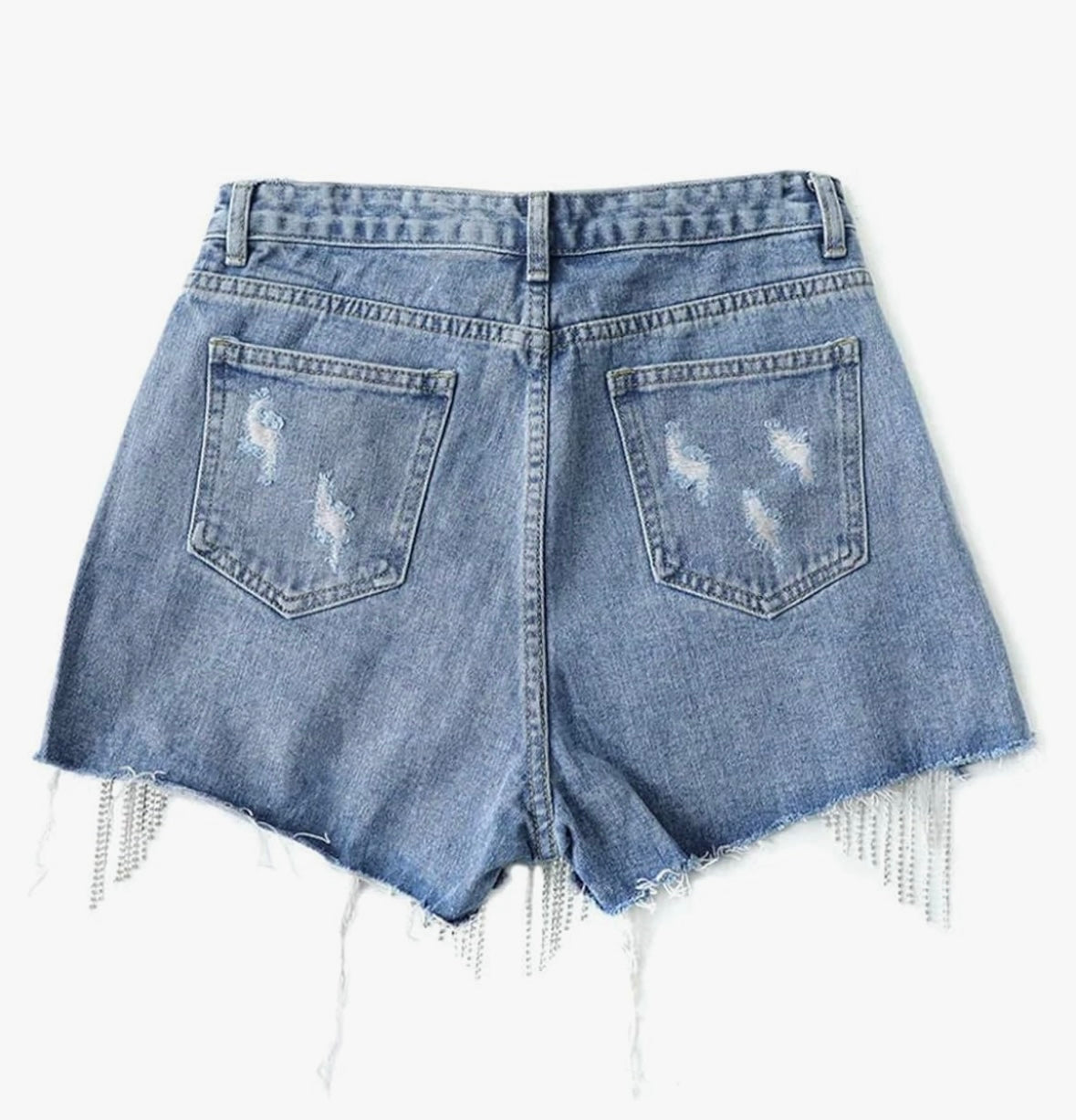 Women Summer Tassels Diamond Beads High Waist Denim Shorts