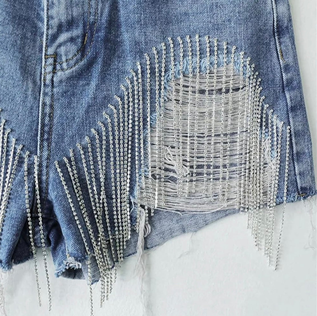 Women Summer Tassels Diamond Beads High Waist Denim Shorts