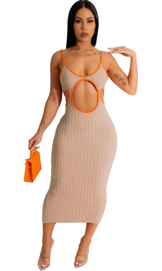 Women's Sexy Elevate Sleeveless V Neck Knitted Cut Off Holes Bodycon Party Clubwear Casual Dress