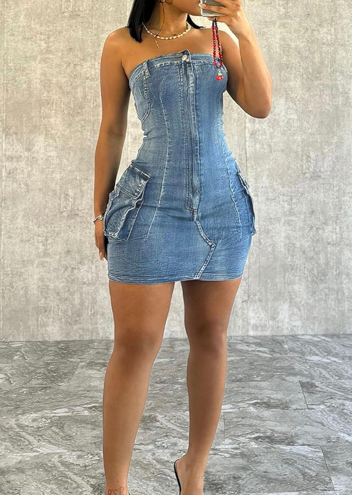 Women" Denim Dresses Sexy Strapless Stretchy Button Bodycon Tube Midi Jean Dresses With Pockets