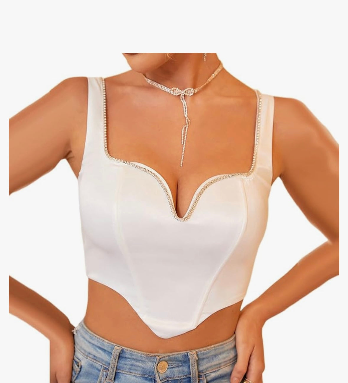 Rhinestone Trim Satin Crop Top