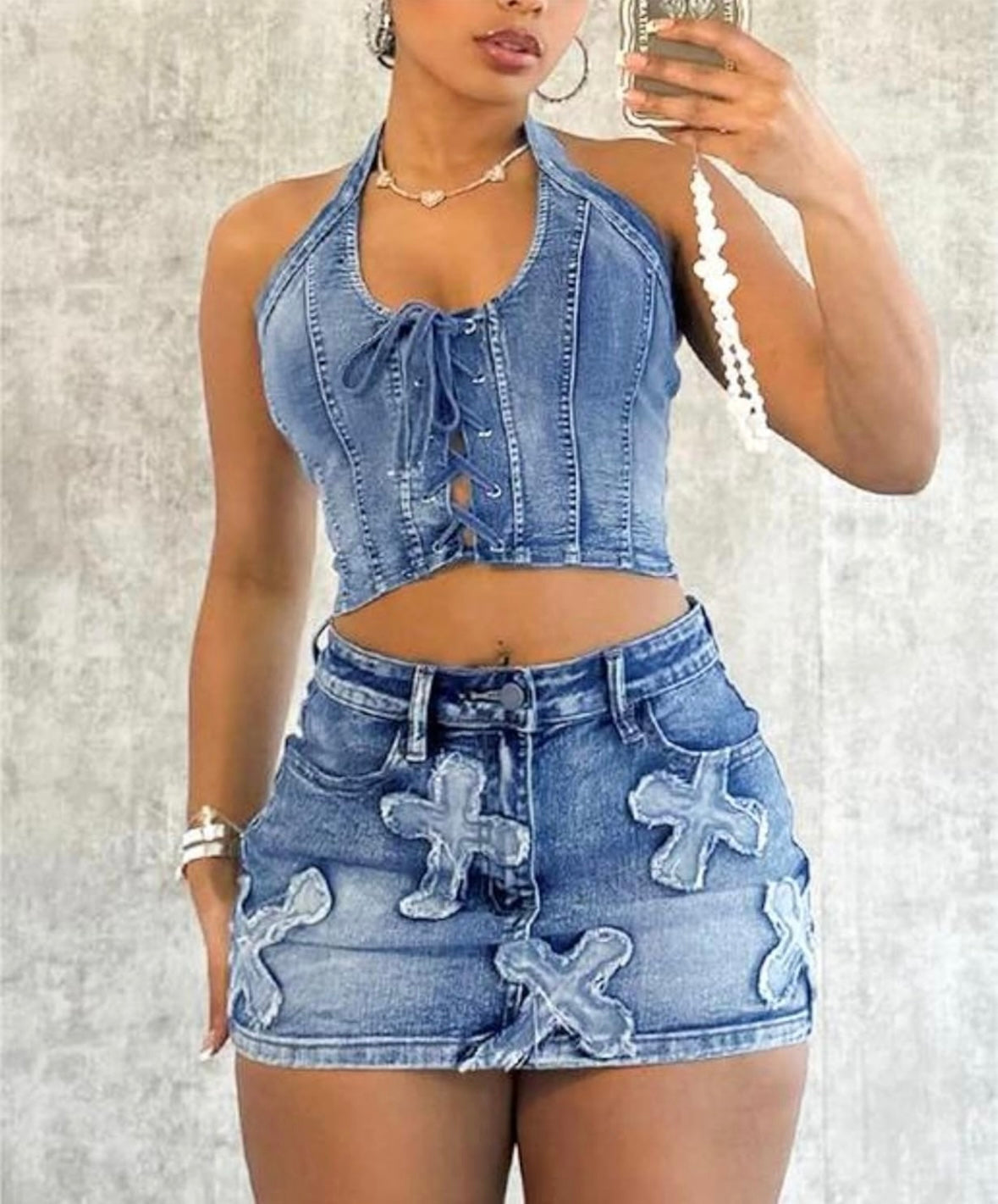 Women's 2 Piece Skirt Set Denim Set