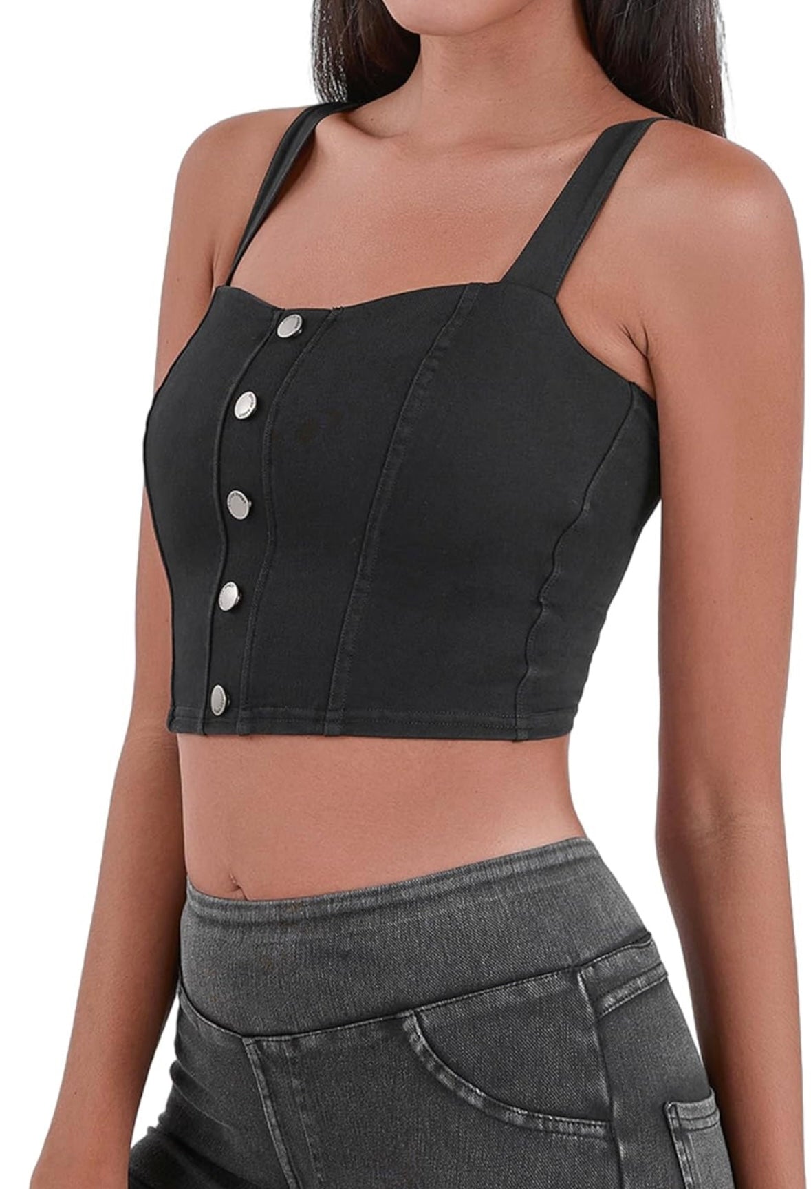 Button-Front Denim Crop Top