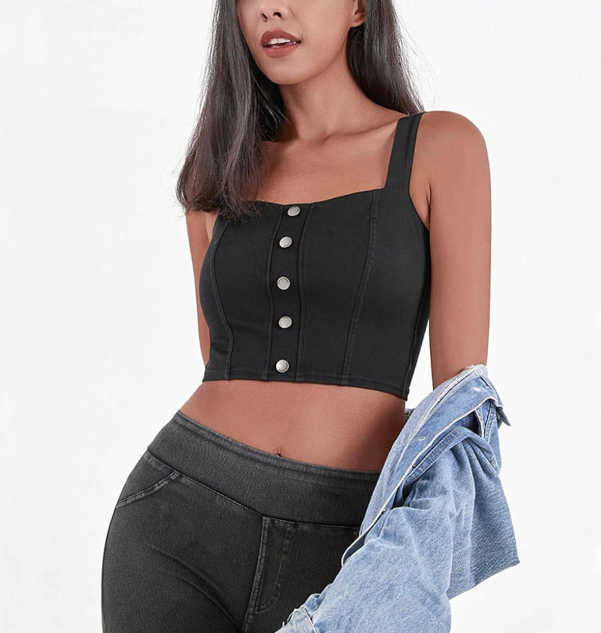 Button-Front Denim Crop Top