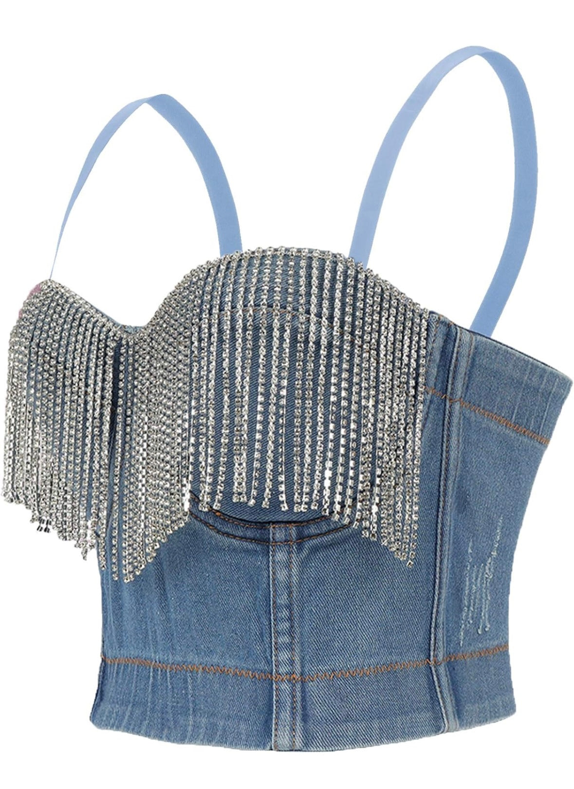 Rhinestone Fringe Denim Corset Top