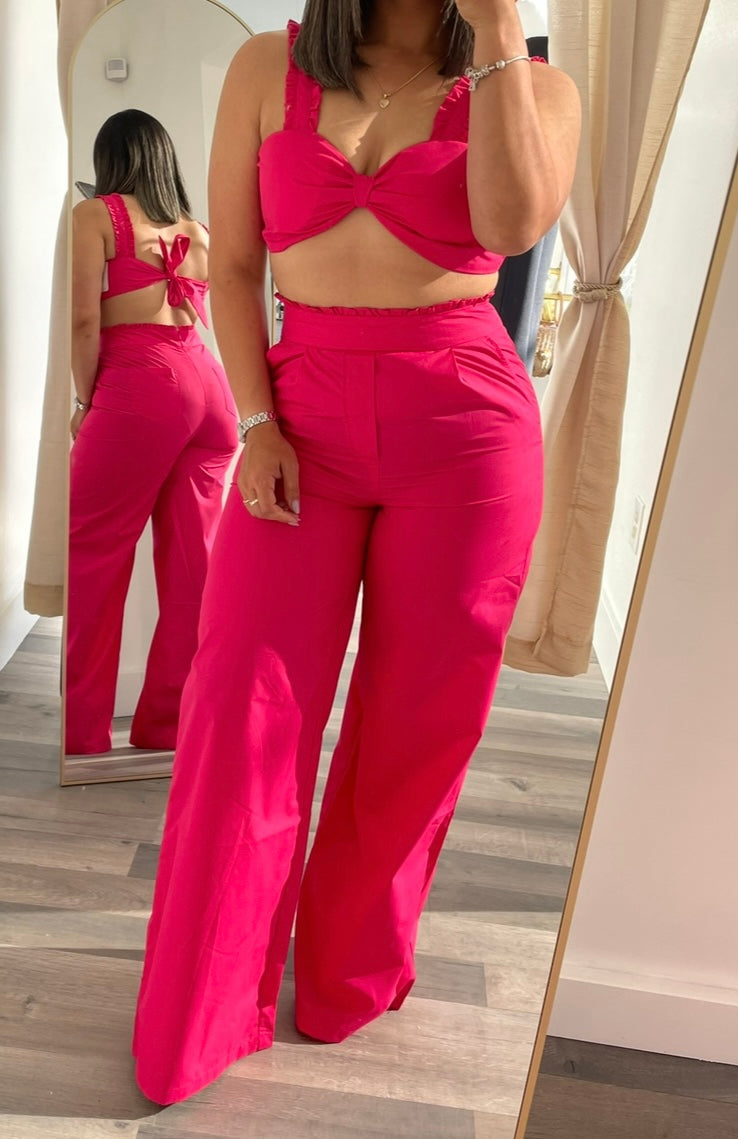 Bow Tie Back Crop Top and Wide-Leg Pants Set