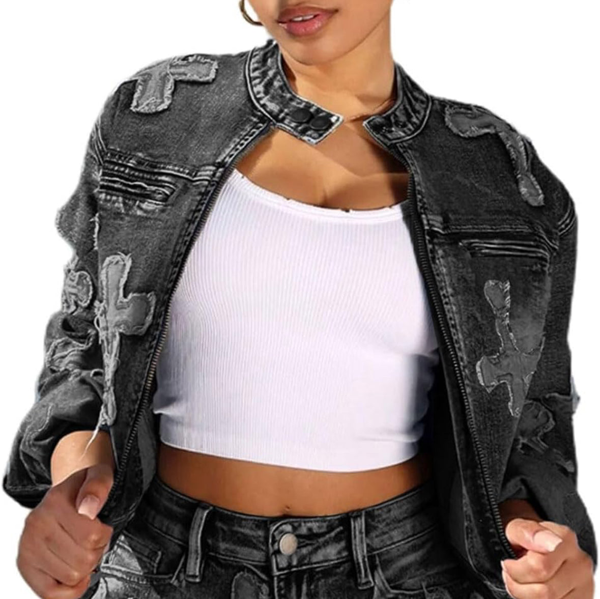 Distressed Cross Denim Jacket for Women