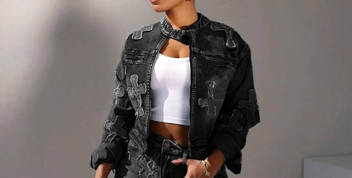 Distressed Cross Denim Jacket for Women