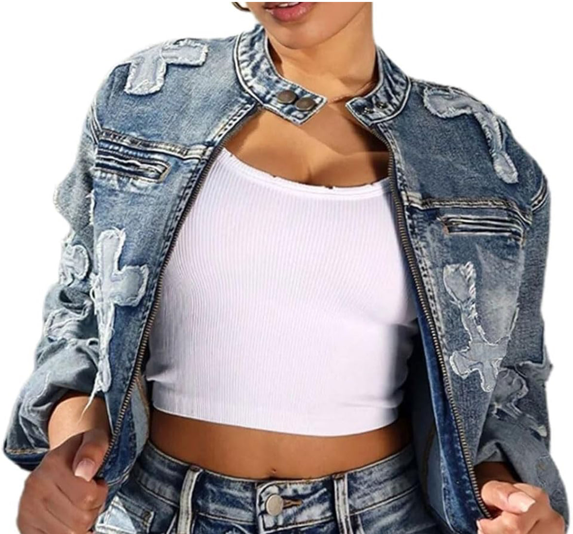 Distressed Cross Denim Jacket for Women