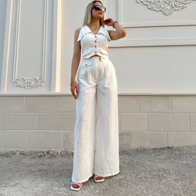 Sleeveless Button-Down Crop Top and Wide-Leg Pants Set