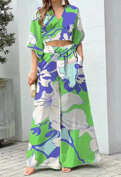 Floral Print Wrap Top and Wide-Leg Pants Set