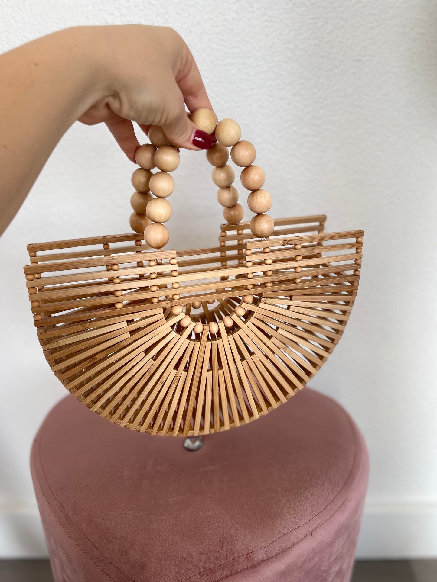 Women's Bamboo Bags with Wooden Beads, Pearl handles, Womens Bamboo Handmade Tote Bag, Holiday Summer Handbag